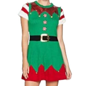 Women’s Christmas Elf Sweater Dress sz 2x Mini Bells Sequins Party Costume Funny